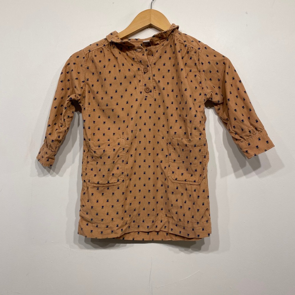 Petit Bateau Girls Tan Corduroy Floral Tulip Ruffle Collar Dress Size 5